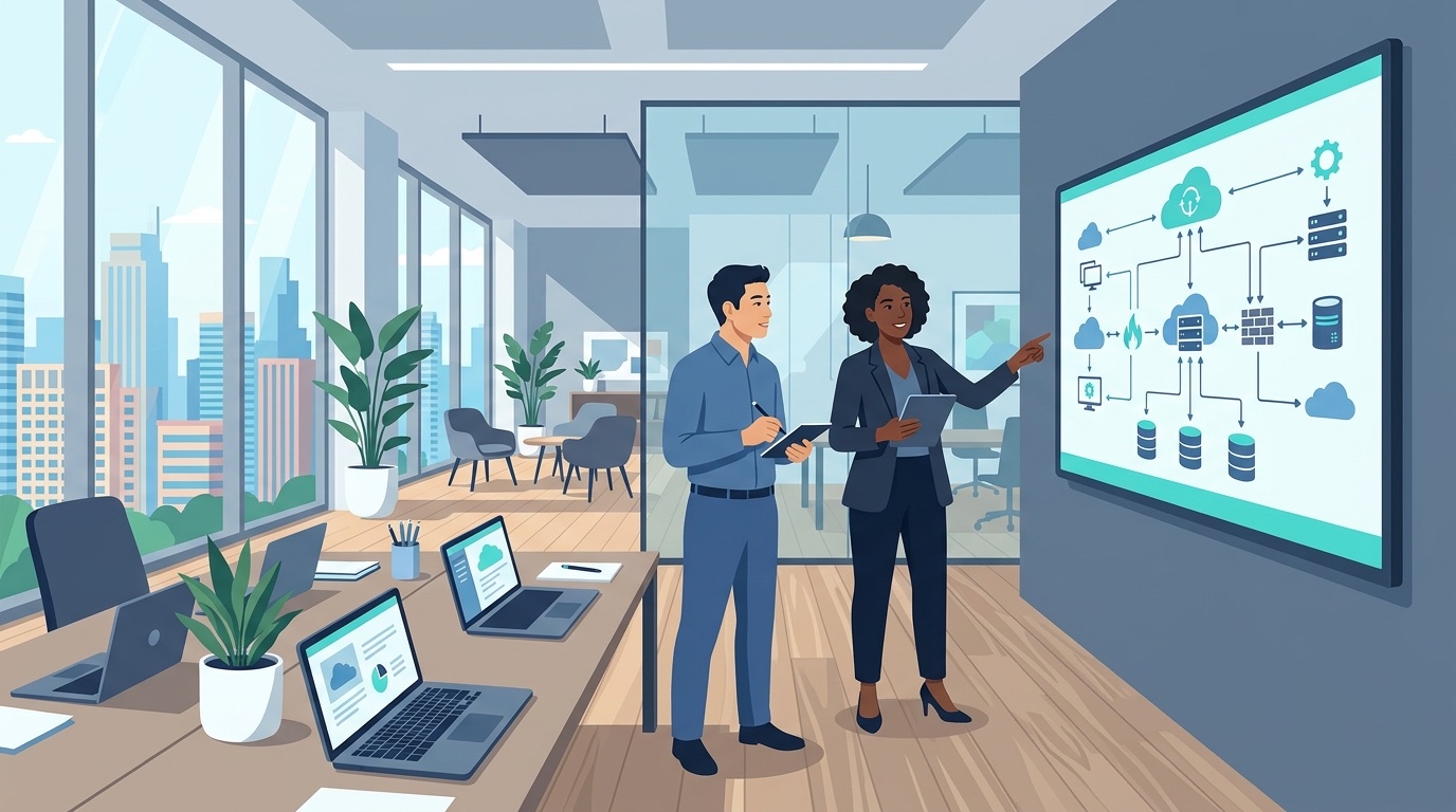Cloud infrastructure services: engineers reviewing a cloud architecture diagram