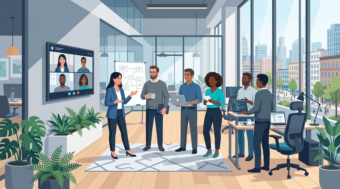 Engineering team building: distributed team collaborating in a standup