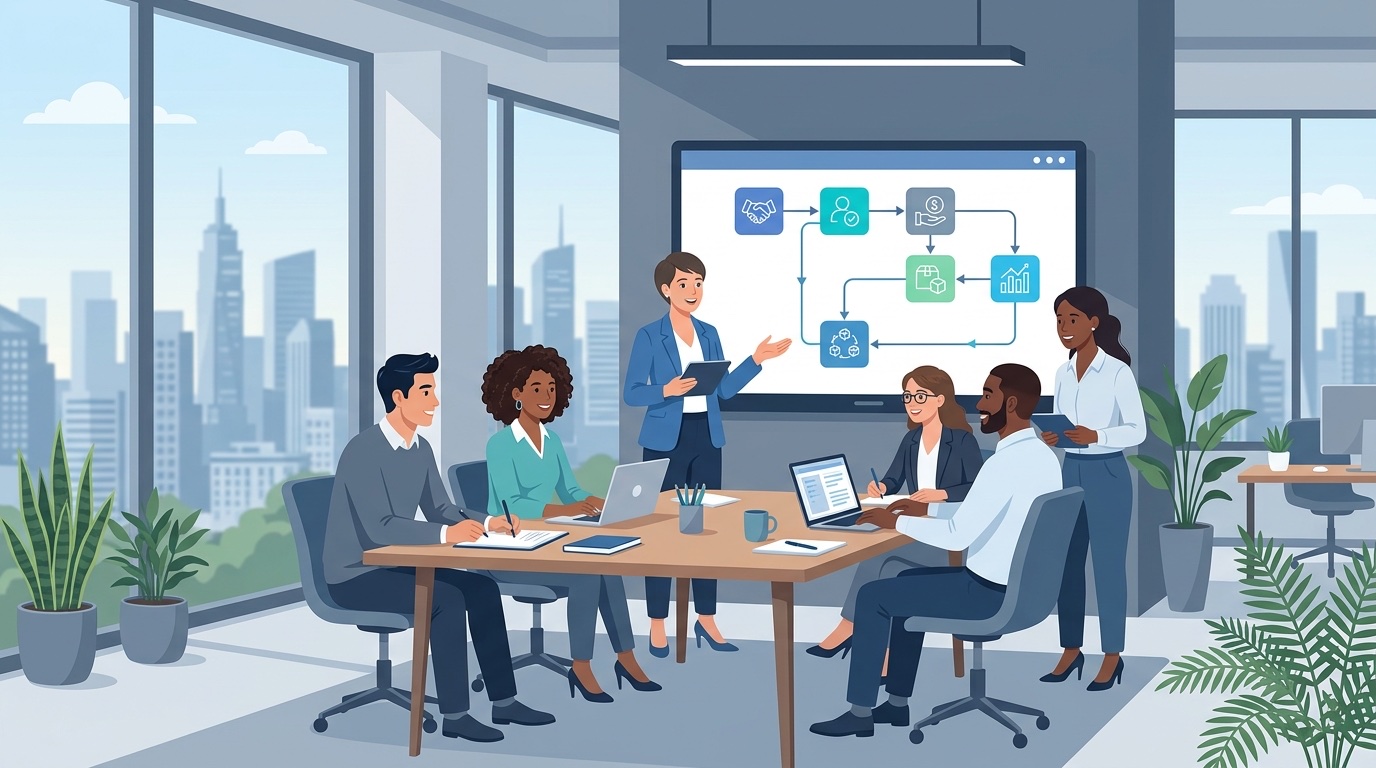 ERP rollout: team training on an integrated ERP dashboard