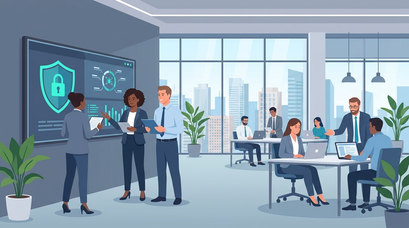 Security and compliance services: team reviewing a cybersecurity risk dashboard