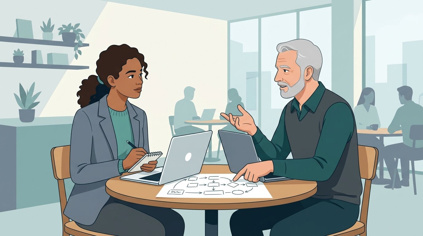 Startup advisory services: founder working with senior technical advisor on roadmap